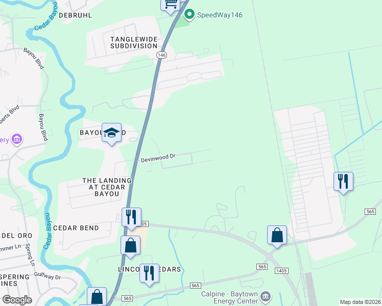 map of restaurants, bars, coffee shops, grocery stores, and more near 10434 Devinwood Drive in Baytown