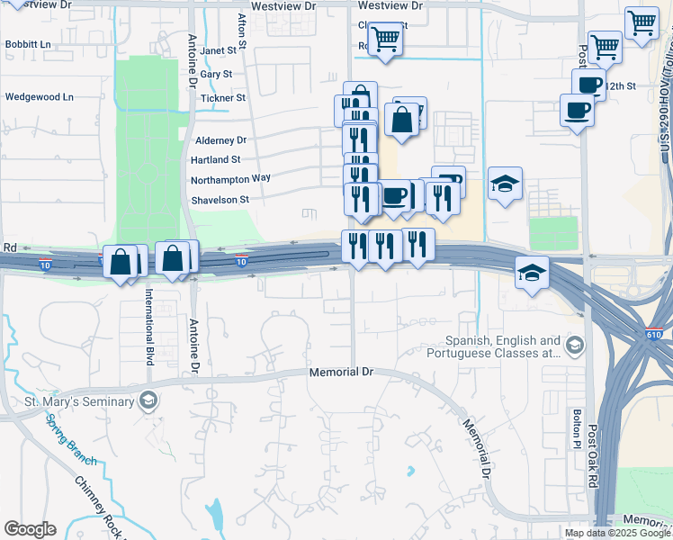 map of restaurants, bars, coffee shops, grocery stores, and more near 7715 Katy Freeway in Houston