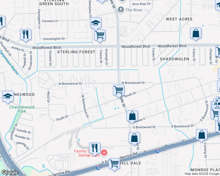 map of restaurants, bars, coffee shops, grocery stores, and more near 15336 North Brentwood Street in Channelview