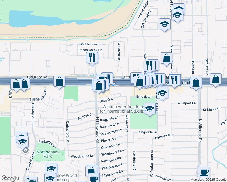 map of restaurants, bars, coffee shops, grocery stores, and more near 11601 Katy Fwy in Houston