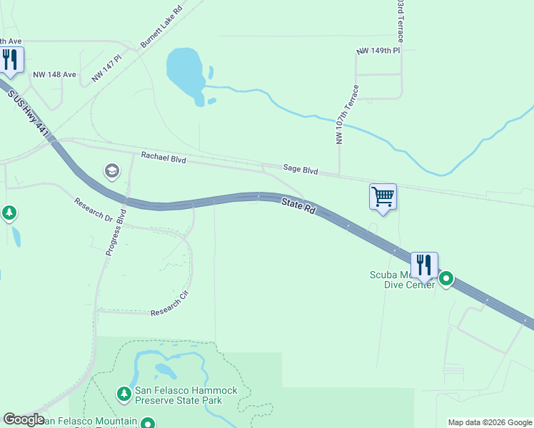 map of restaurants, bars, coffee shops, grocery stores, and more near 14018 Northwest US Highway 441 in Alachua