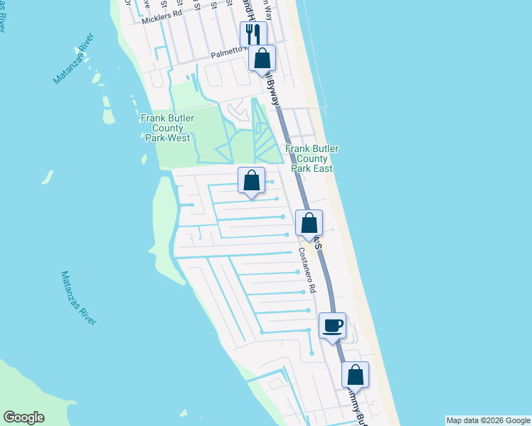 map of restaurants, bars, coffee shops, grocery stores, and more near 218 Pizarro Road in St. Augustine
