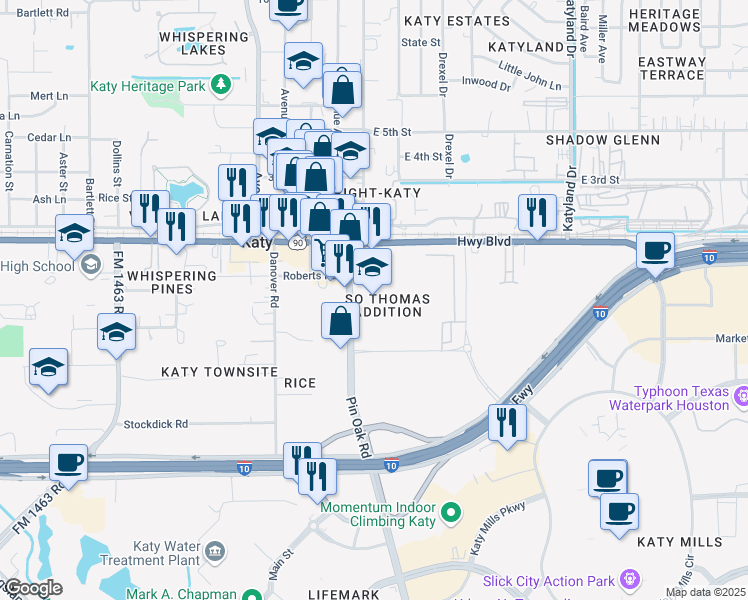 map of restaurants, bars, coffee shops, grocery stores, and more near 600 Pin Oak Road in Katy