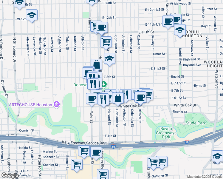 map of restaurants, bars, coffee shops, grocery stores, and more near 713 Cortlandt Street in Houston