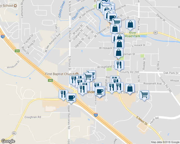 map of restaurants, bars, coffee shops, grocery stores, and more near 116 Francis Avenue in Boerne