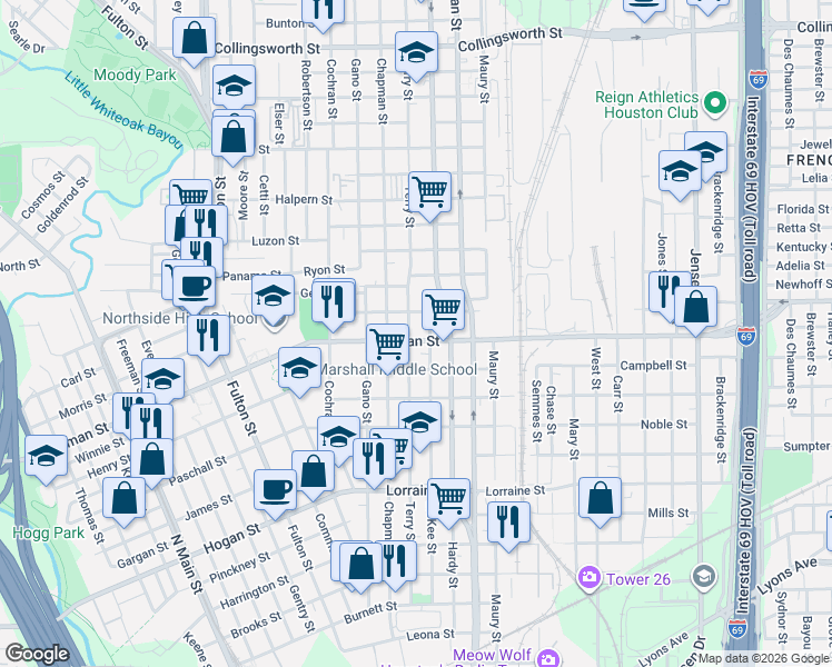 map of restaurants, bars, coffee shops, grocery stores, and more near 2416 Chapman Street in Houston