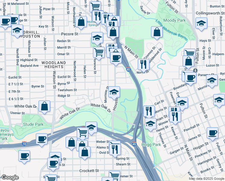 map of restaurants, bars, coffee shops, grocery stores, and more near 2812 Morrison Street in Houston