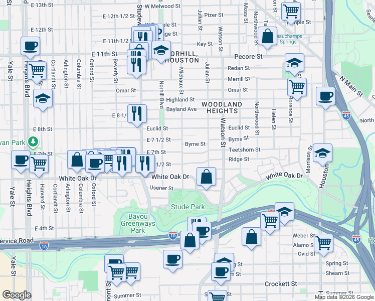 map of restaurants, bars, coffee shops, grocery stores, and more near 936 Byrne Street in Houston