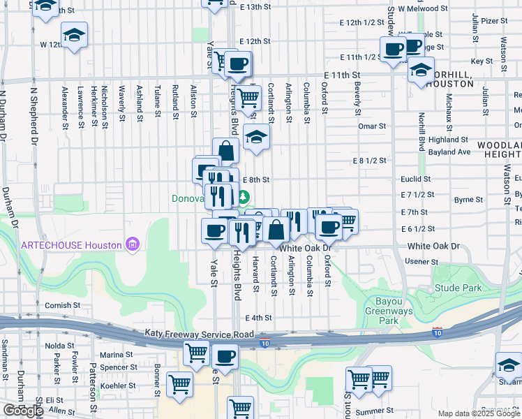 map of restaurants, bars, coffee shops, grocery stores, and more near 713 Cortlandt Street in Houston