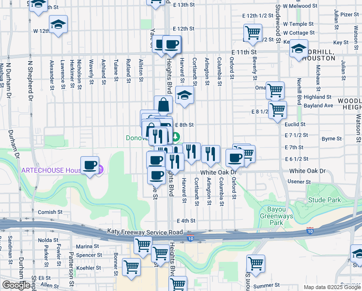 map of restaurants, bars, coffee shops, grocery stores, and more near 718 Heights Boulevard in Houston
