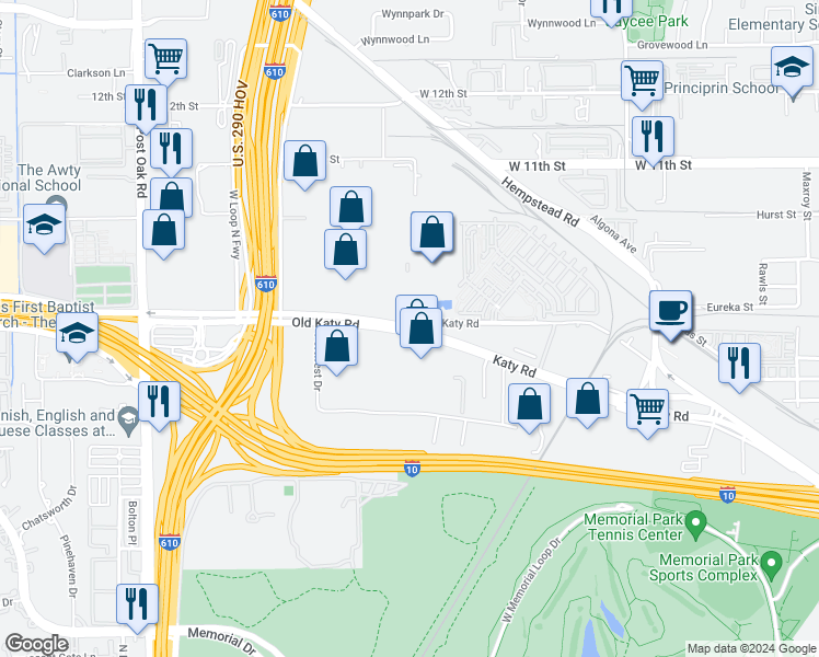 map of restaurants, bars, coffee shops, grocery stores, and more near in Houston