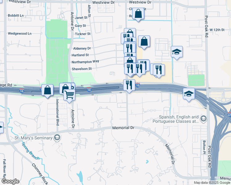 map of restaurants, bars, coffee shops, grocery stores, and more near 7715 Katy Fwy in Houston
