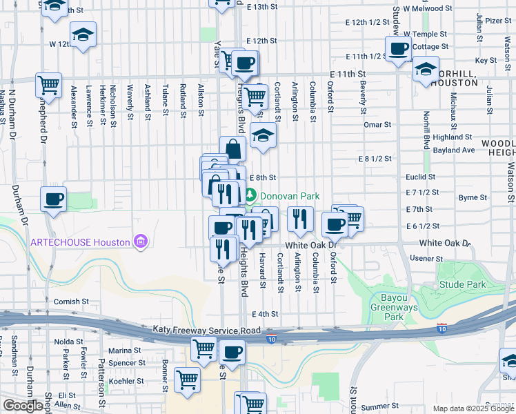 map of restaurants, bars, coffee shops, grocery stores, and more near 703 Harvard Street in Houston