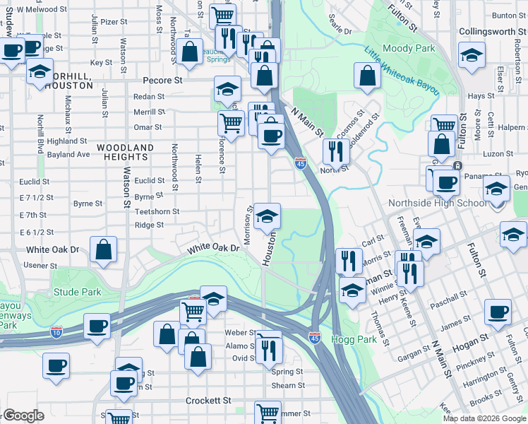 map of restaurants, bars, coffee shops, grocery stores, and more near 2812 Morrison Street in Houston