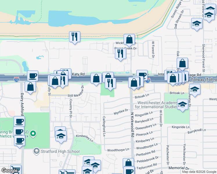map of restaurants, bars, coffee shops, grocery stores, and more near 11767 Katy Freeway in Houston