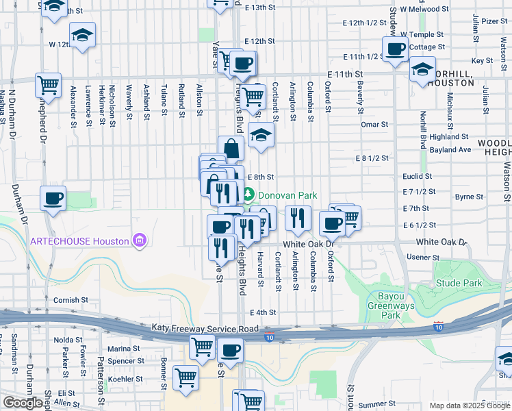 map of restaurants, bars, coffee shops, grocery stores, and more near 703 Harvard Street in Houston