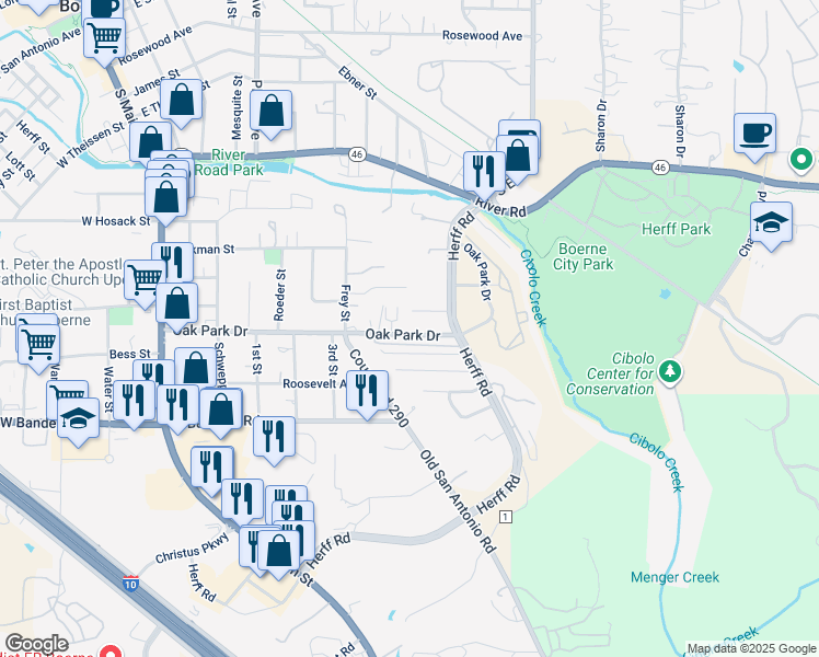 map of restaurants, bars, coffee shops, grocery stores, and more near 608 Oak Park Drive in Boerne