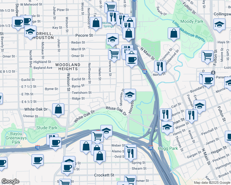 map of restaurants, bars, coffee shops, grocery stores, and more near 2734 Beauchamp Street in Houston