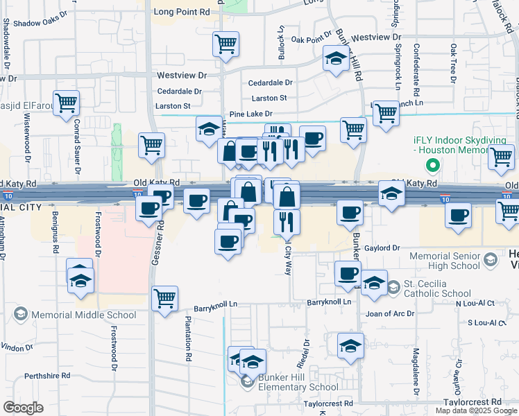 map of restaurants, bars, coffee shops, grocery stores, and more near 9823 US 90 in Houston