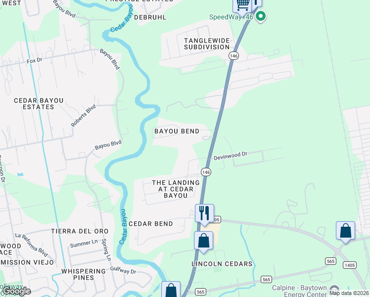 map of restaurants, bars, coffee shops, grocery stores, and more near 6033 Texas 146 in Baytown