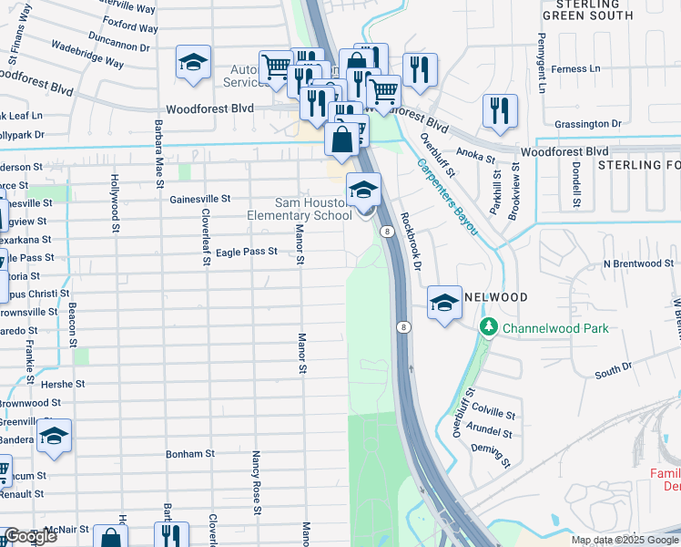 map of restaurants, bars, coffee shops, grocery stores, and more near 14633 Victoria Street in Houston