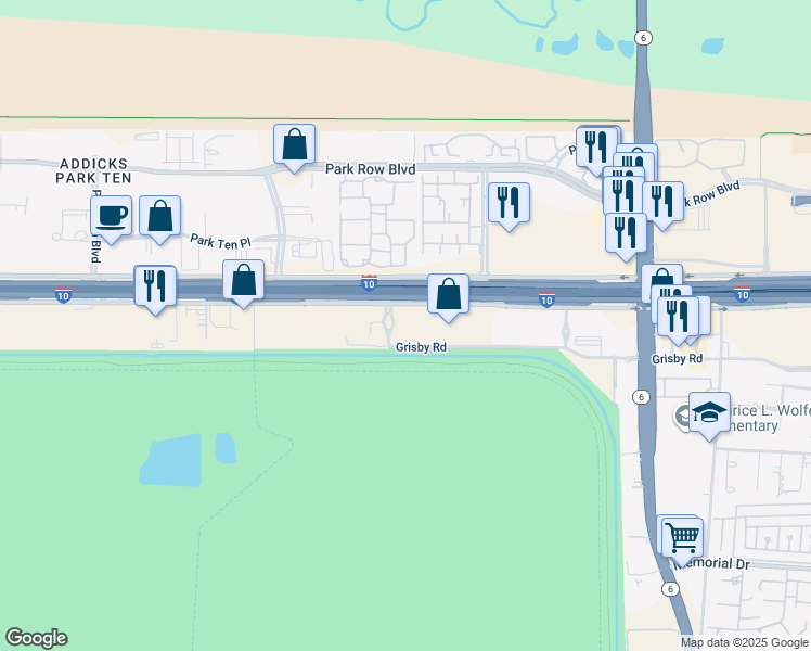map of restaurants, bars, coffee shops, grocery stores, and more near 15415 Interstate 10 Frontage Road in Houston