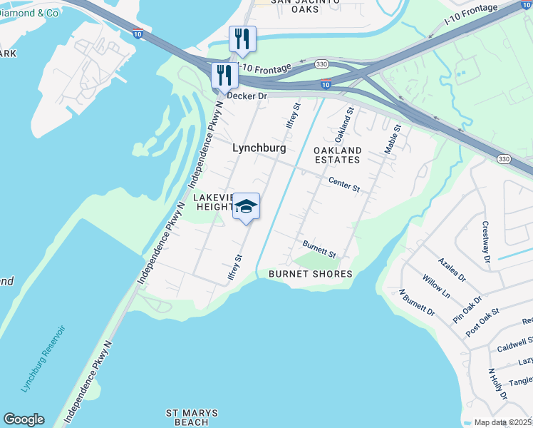 map of restaurants, bars, coffee shops, grocery stores, and more near 244 Ilfrey Street in Baytown