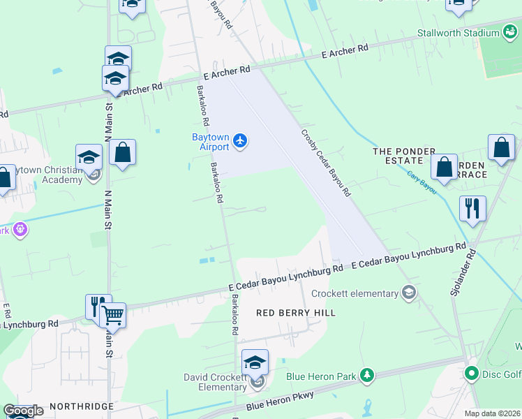 map of restaurants, bars, coffee shops, grocery stores, and more near 5226 Barkaloo Road in Baytown