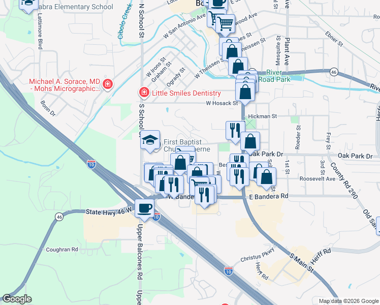 map of restaurants, bars, coffee shops, grocery stores, and more near 231 West Highland Drive in Boerne