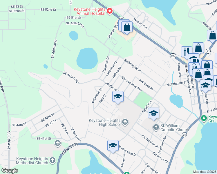map of restaurants, bars, coffee shops, grocery stores, and more near 901 Southwest Pecan Street in Keystone Heights