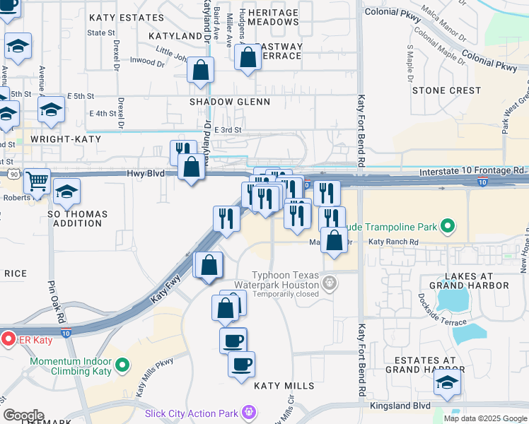 map of restaurants, bars, coffee shops, grocery stores, and more near 1998 Katy Mills Boulevard in Katy