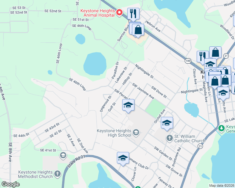map of restaurants, bars, coffee shops, grocery stores, and more near 901 Southwest Pecan Street in Keystone Heights