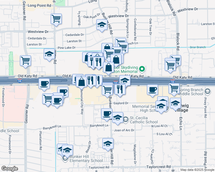 map of restaurants, bars, coffee shops, grocery stores, and more near 9745 Interstate 10 Frontage Road in Houston