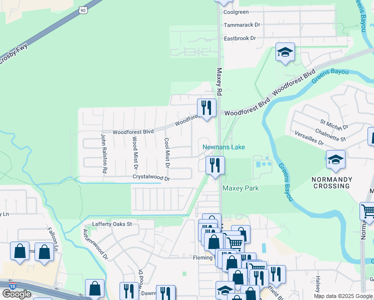 map of restaurants, bars, coffee shops, grocery stores, and more near 12210 Wood Spring Ln in Houston