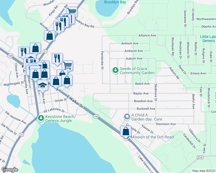 map of restaurants, bars, coffee shops, grocery stores, and more near 7230 Piedmont Street in Keystone Heights