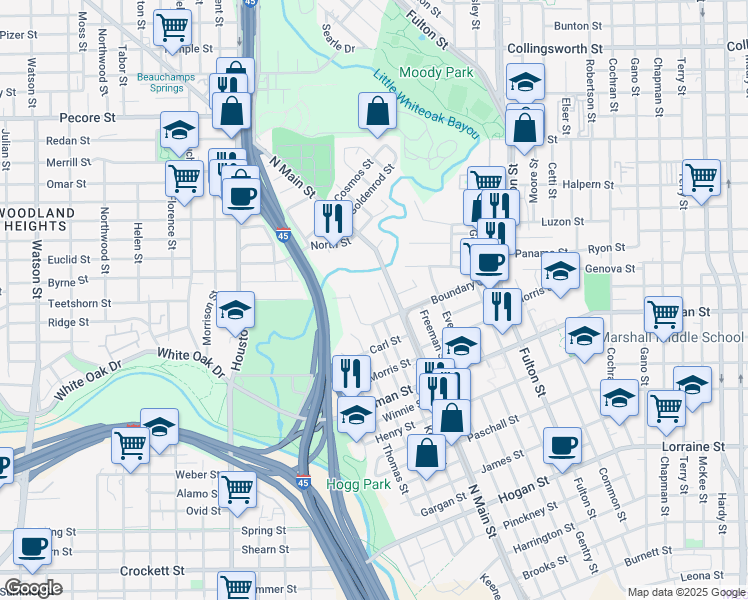 map of restaurants, bars, coffee shops, grocery stores, and more near 2518 Ideal Street in Houston