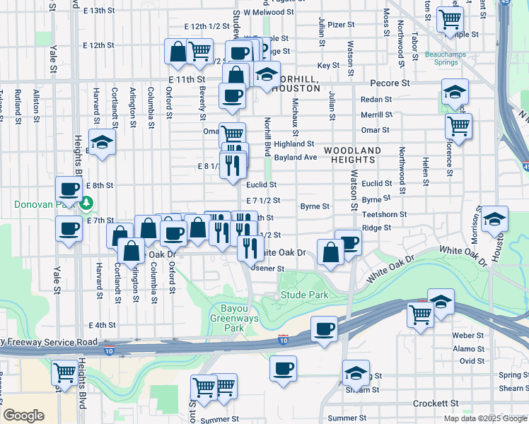 map of restaurants, bars, coffee shops, grocery stores, and more near 1112 East 7 1/2 Street in Houston