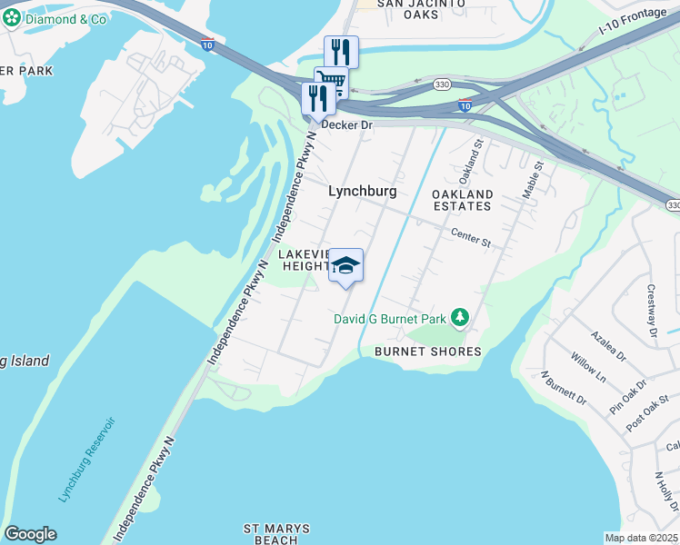 map of restaurants, bars, coffee shops, grocery stores, and more near 301 Ilfrey Street in Baytown