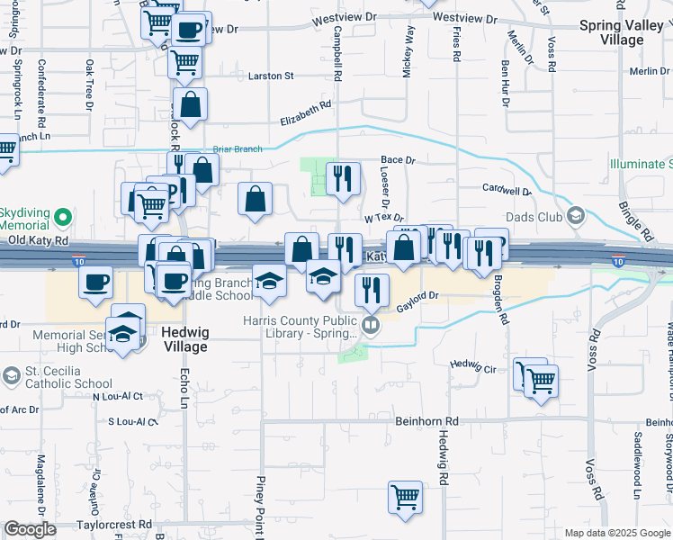 map of restaurants, bars, coffee shops, grocery stores, and more near Interstate 10 Frontage Road in Houston