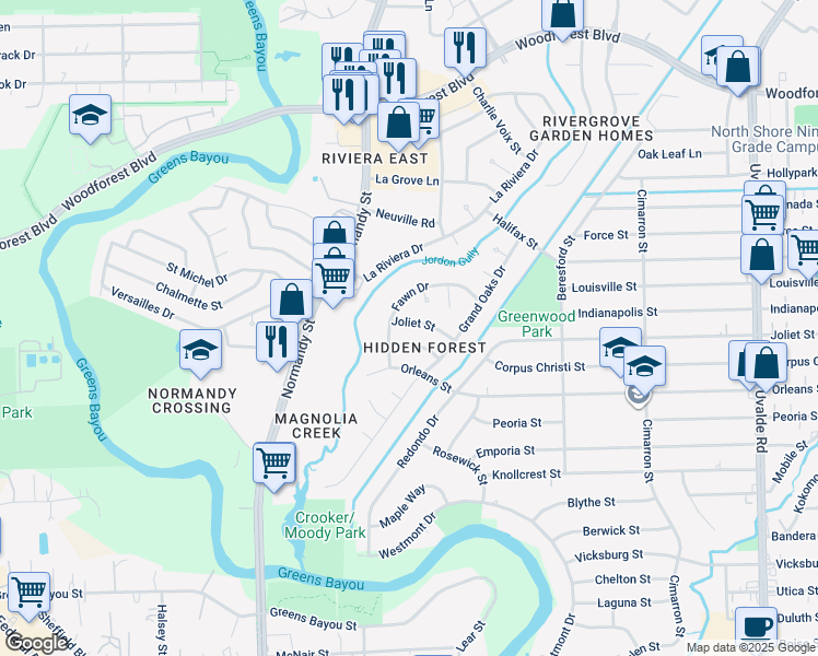 map of restaurants, bars, coffee shops, grocery stores, and more near 12814 Joliet Street in Houston