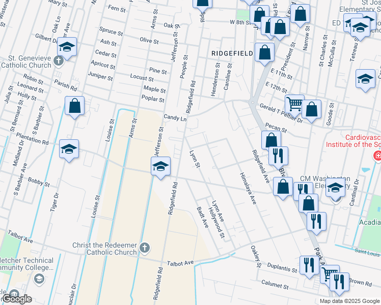 map of restaurants, bars, coffee shops, grocery stores, and more near 1418 Lynn Street in Thibodaux