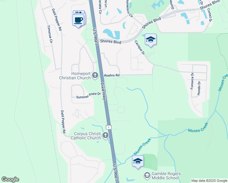 map of restaurants, bars, coffee shops, grocery stores, and more near Bayberry Circle in Saint Augustine