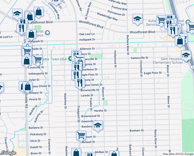 map of restaurants, bars, coffee shops, grocery stores, and more near 14023 Victoria Street in Houston