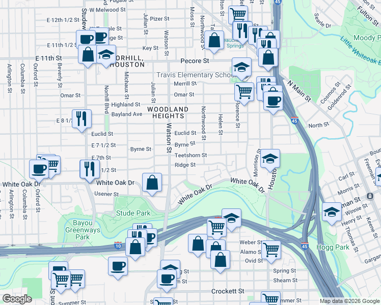 map of restaurants, bars, coffee shops, grocery stores, and more near 619 Teetshorn Street in Houston