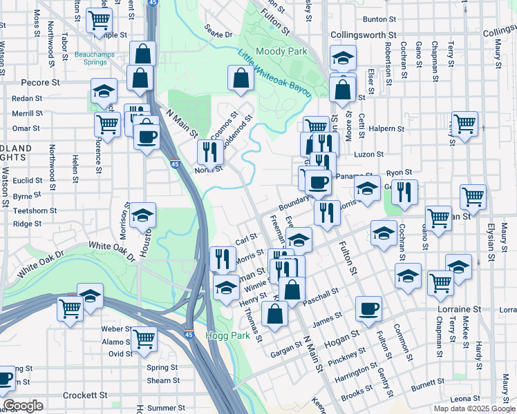 map of restaurants, bars, coffee shops, grocery stores, and more near 2621 North Main Street in Houston