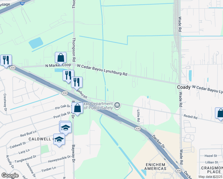 map of restaurants, bars, coffee shops, grocery stores, and more near 5419 Sunny Lane in Baytown