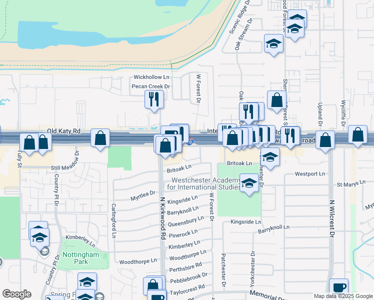 map of restaurants, bars, coffee shops, grocery stores, and more near 11601 Katy Freeway in Houston
