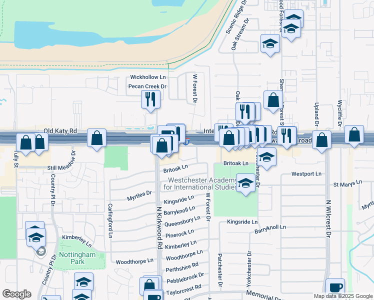 map of restaurants, bars, coffee shops, grocery stores, and more near 11601 Interstate 10 Frontage Road in Houston