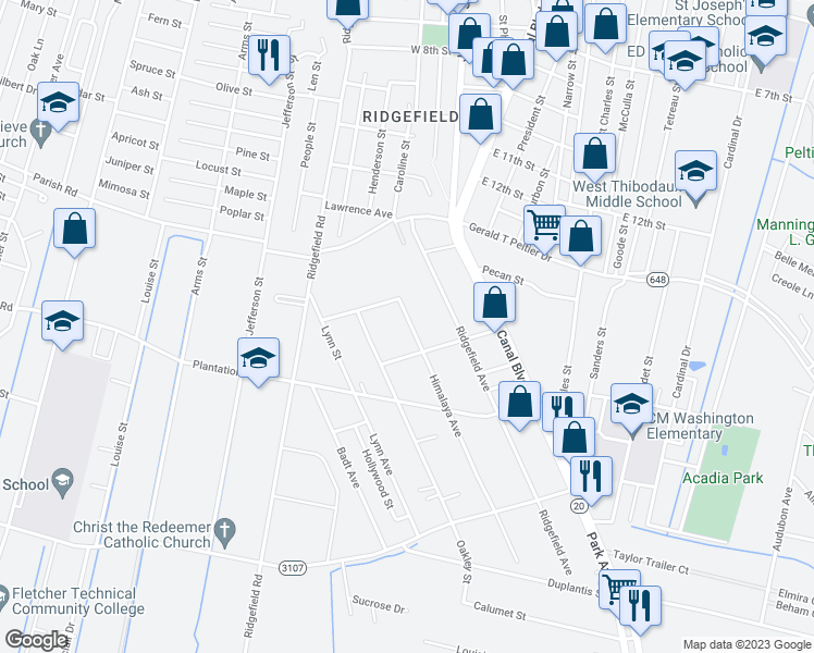 map of restaurants, bars, coffee shops, grocery stores, and more near 1415 Himalaya Avenue in Thibodaux