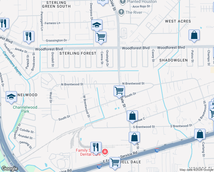 map of restaurants, bars, coffee shops, grocery stores, and more near 15336 North Brentwood Street in Channelview